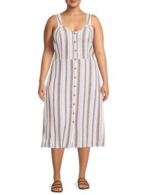 Terra & Sky Pink White Gray Striped Linen Blend Tank Dress 1X